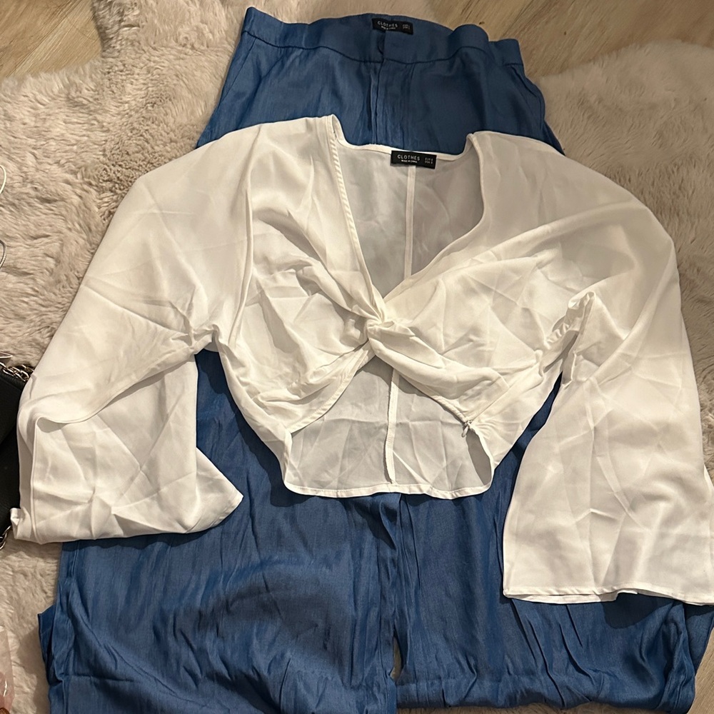 CLOTHES White Sheer Blouse AND BLUE PANTS SET